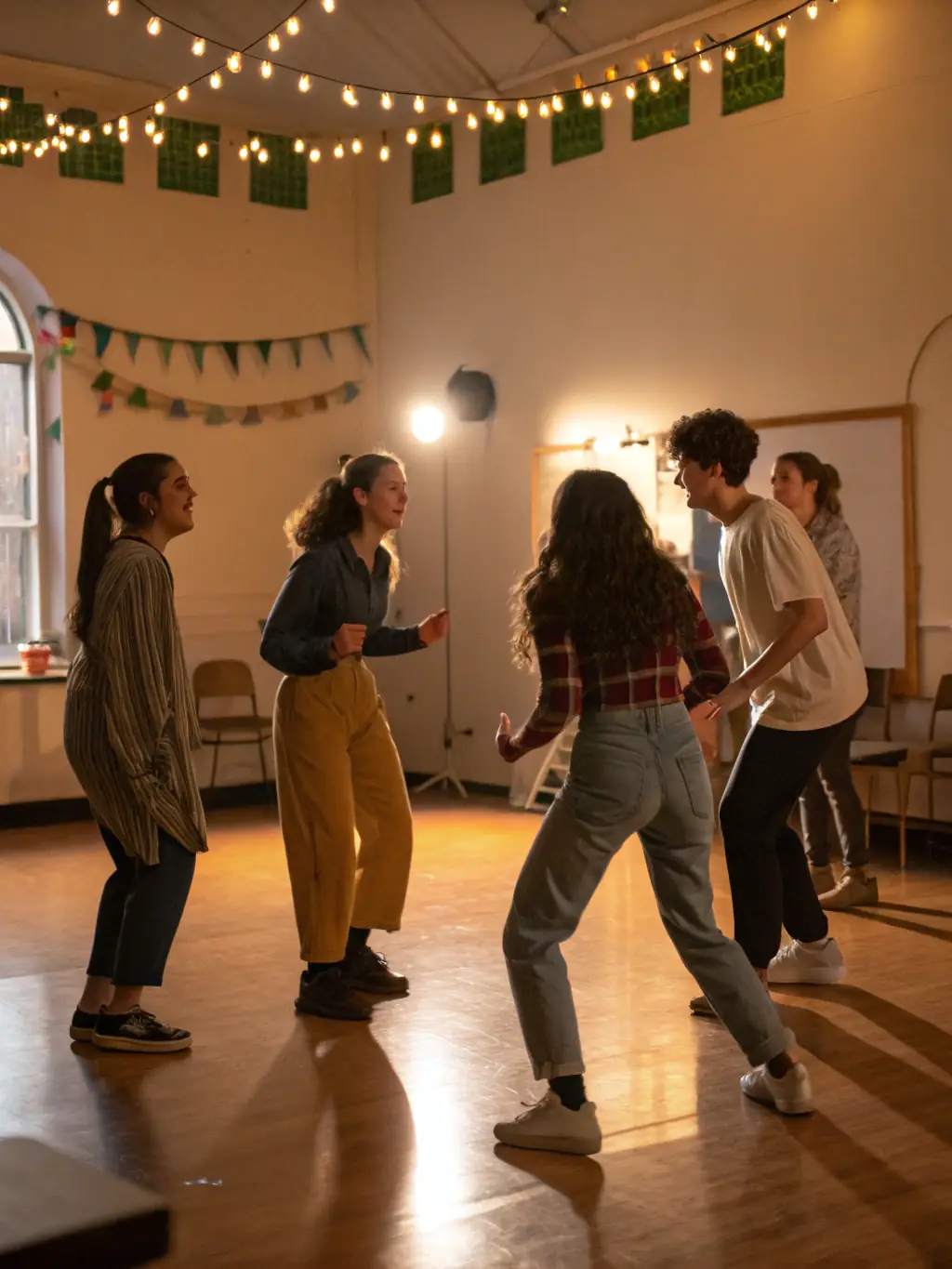 A group of young students participating in a theater workshop at La Passerelle, actively engaged in an acting exercise with a facilitator.